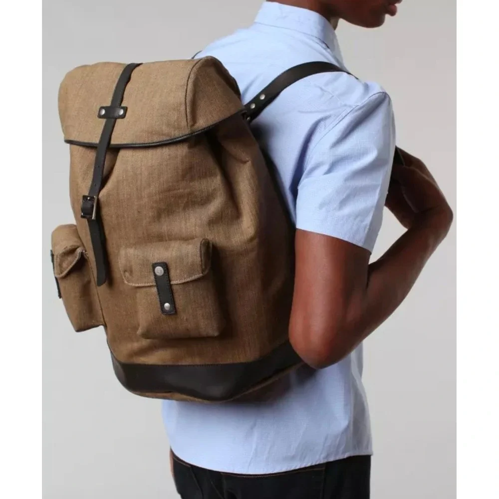 The Brothers Bray & Co Canvas Leather Rucksack Backpack Olive Green Mens‎ Bag